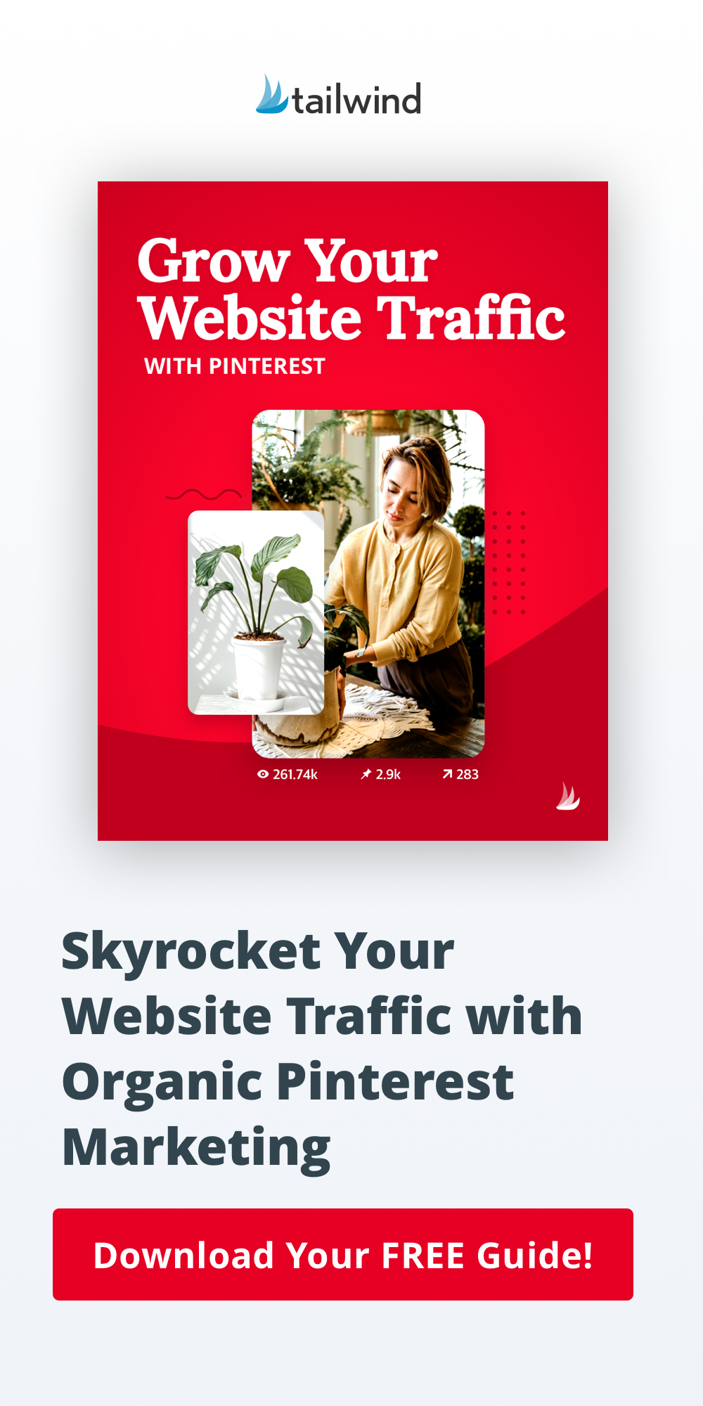 Skyrocket your website traffic with this downloadable guide to organic Pinterest marketing! This simple guide is your no-fluff, no-jargon, no-kidding passport to substantial traffic growth from Pinterest.