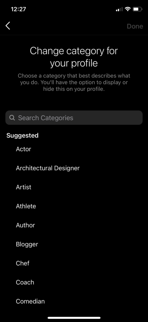 Instagram profile category examples (blogger, actor, chef, comedian on a drop down list)