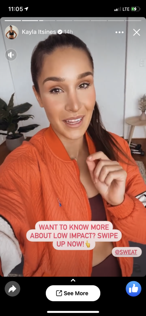 Facebook Story from Kayla Itsines promoting info about low impact exercise