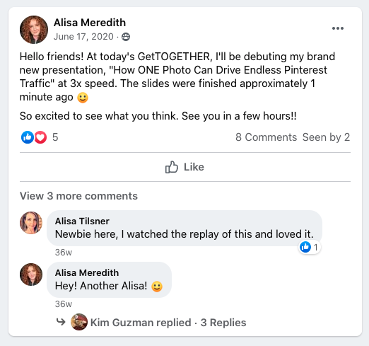 Facebook post from group moderator teasing a new presentation in Facebook Group for business.