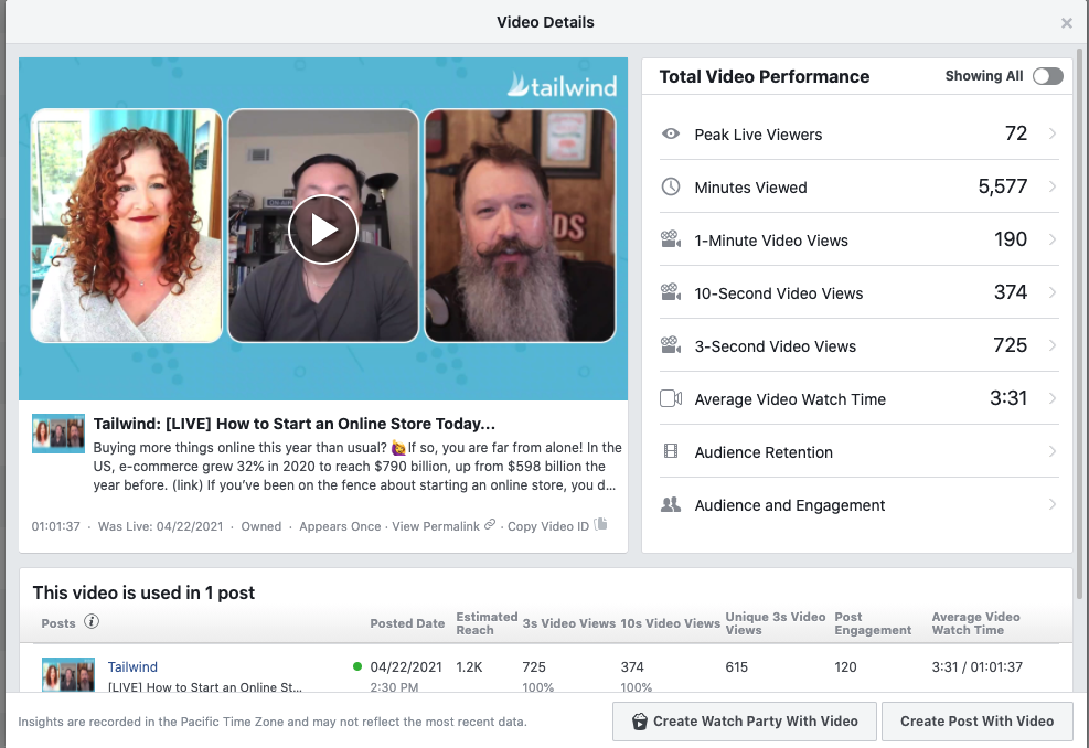 Screenshot of Facebook Live video details in Facebook marketing