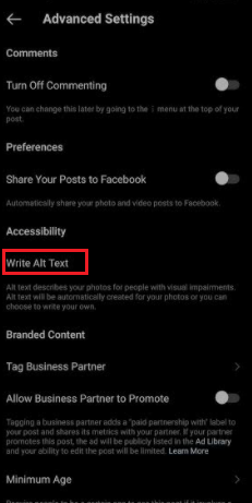 A screenshot of the Write Alt Text option located in Advanced Settings on Instagram posts.