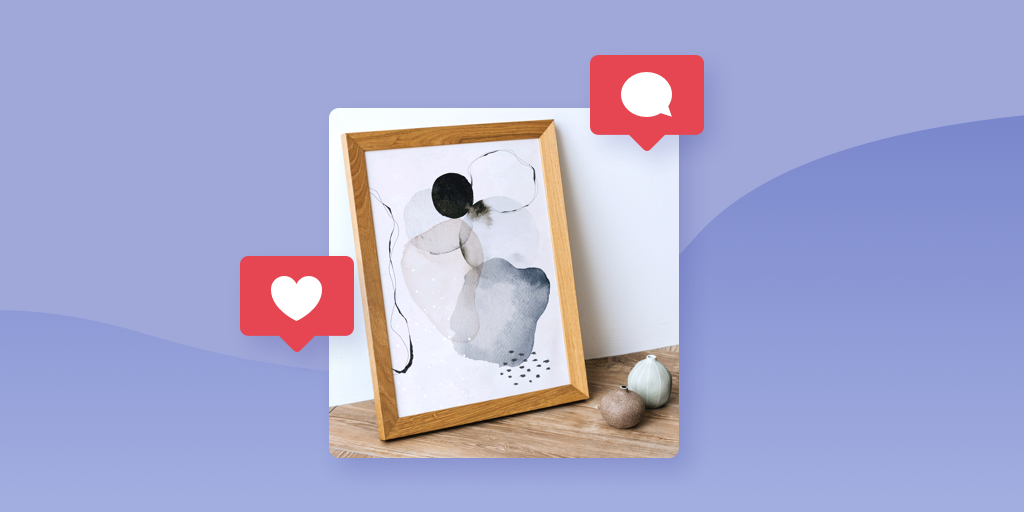 image of Instagram like icon and Instagram comment icon over product photo of an art print on purple background