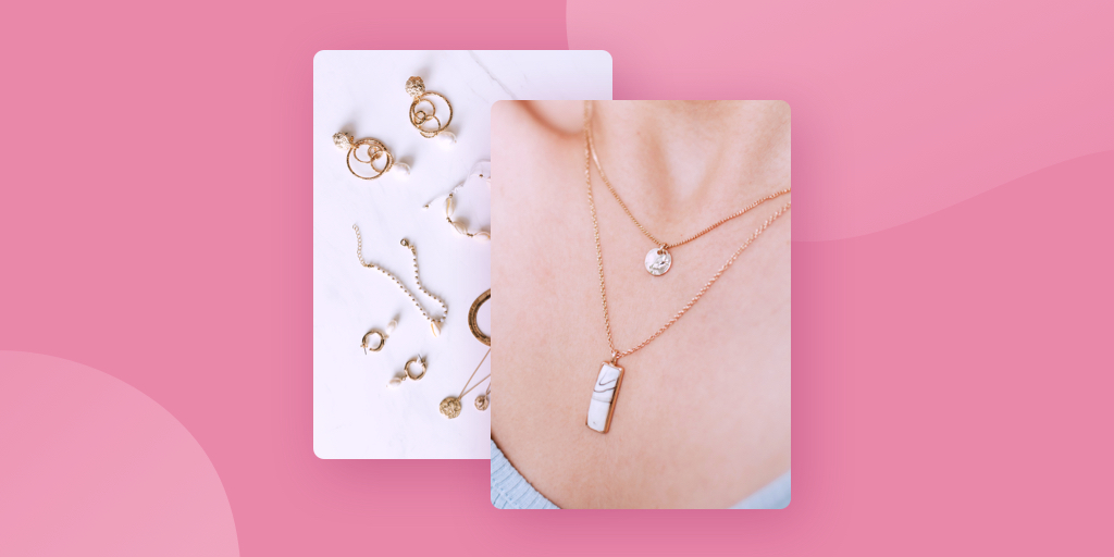 Image of flat lay of earrings and a close up shot of a woman wearing jewelry as examples of ecommerce product photos