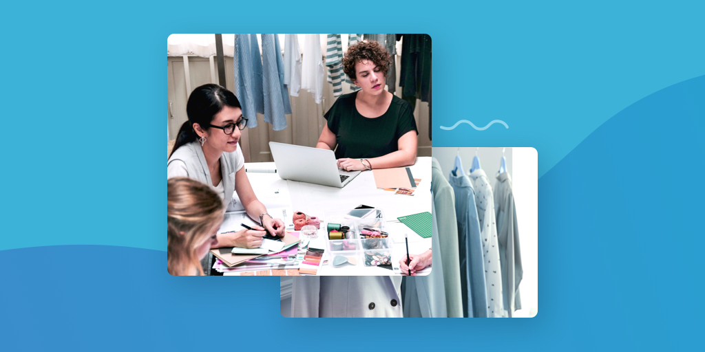 Image of a small team working around a table planning a design juxtaposed over a finished design.