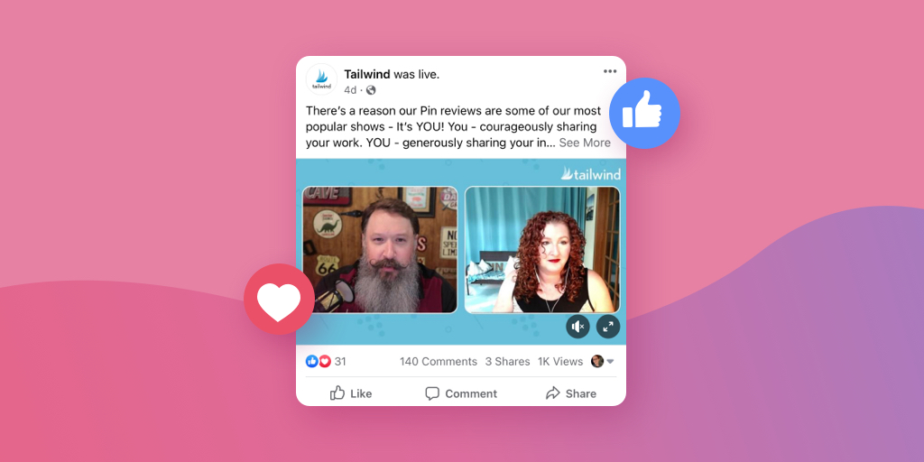 A screenshot of a facebook live with lots of views and comments over an ombre pink and purple background