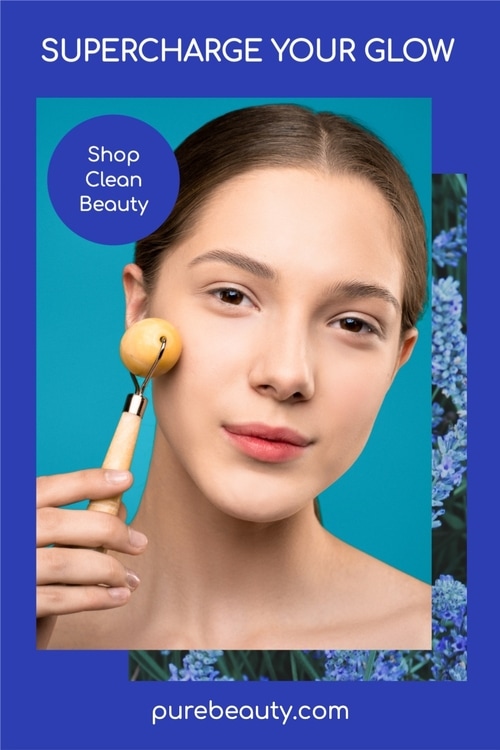 A Pinterest template created in Tailwind Create featuring a woman using a face roller with a cta saying shop clean beauty