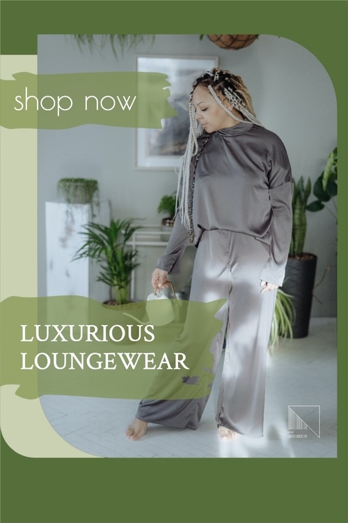 A Pinterest template from Tailwind Create featuring luxurious loungewear and a shop now cta
