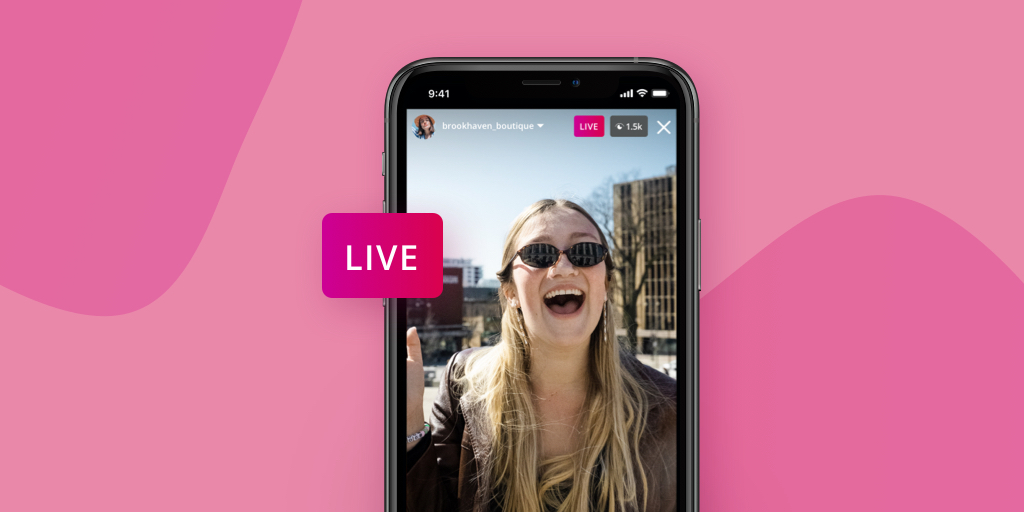 A screengrab of an Instagram Live on a phone atop a pink background.