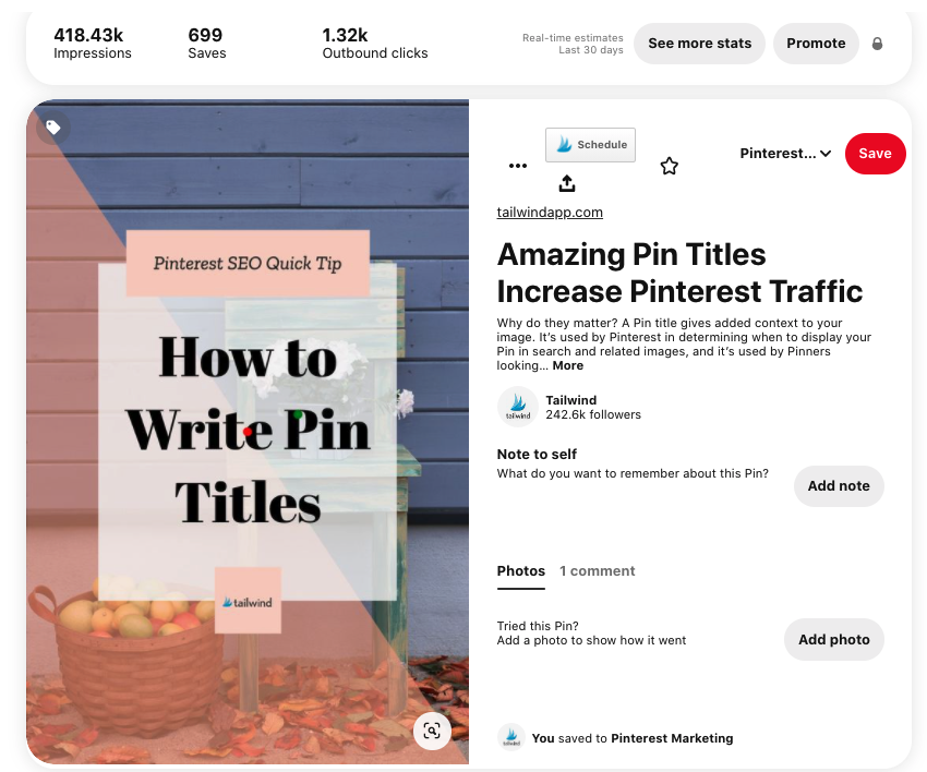 An overview of Pinterest analytics, including impressions, saves and outbound clicks
