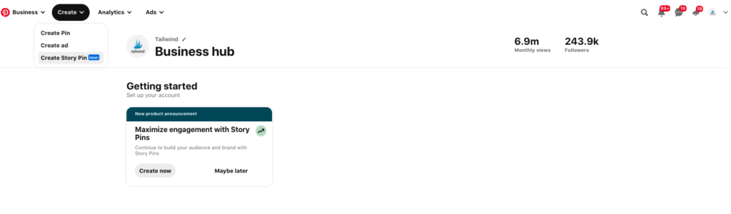 Create Story Pin on the Pinterest dashboard