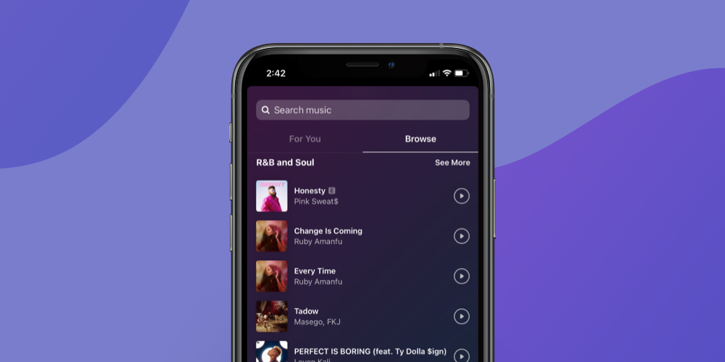 A view of music list choices inside the Instagram Stories music sticker on a purple background.