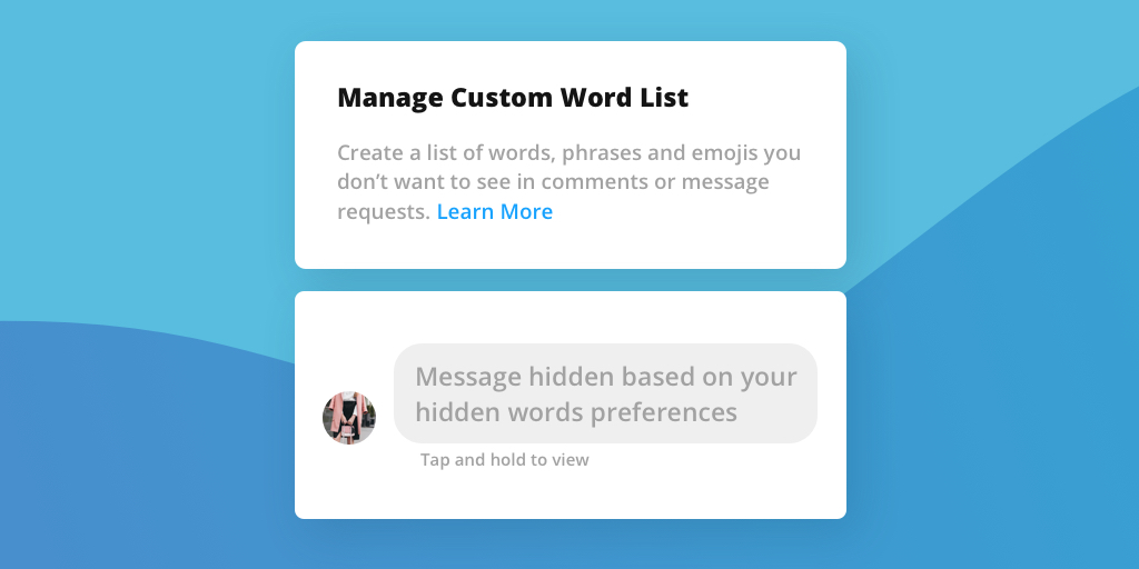 Screenshots of Instagrm DM settings for hidden words and hidden messages for antibullying on blue background