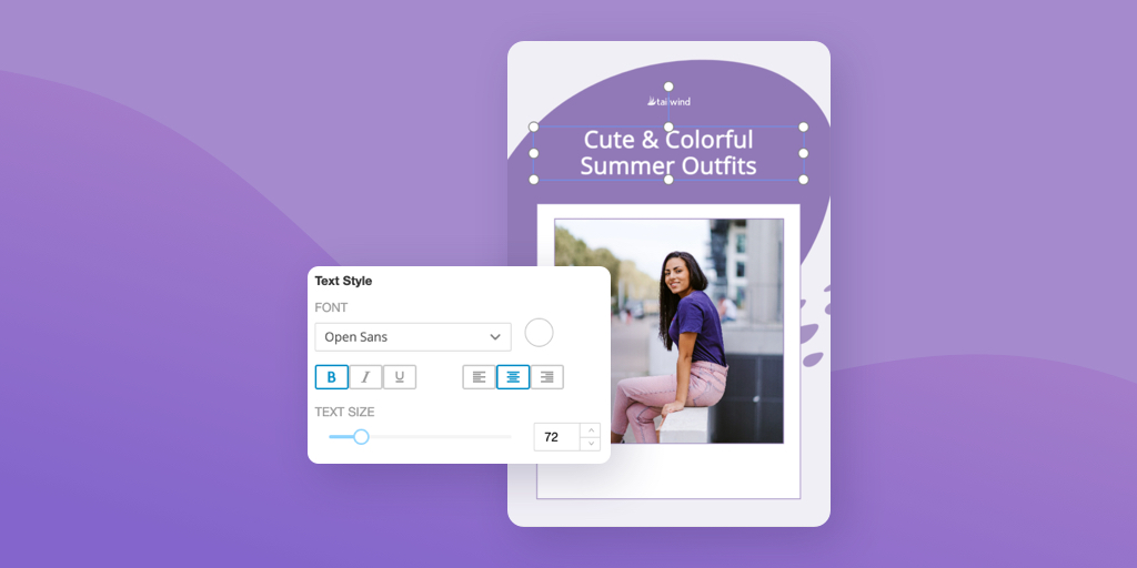 An image of an editable purple Pin template in Tailwind Create with a girl in a purple shirt sitting on a ledge