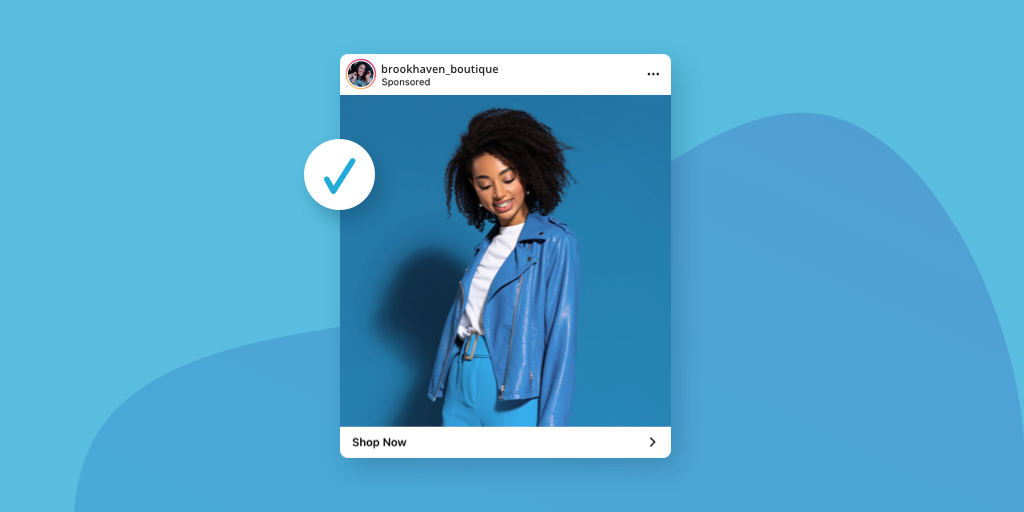 a sponsored instagram ad from Brookhaven Boutique featuring a woman in a blue leather jacket and blue pants on a blue background.