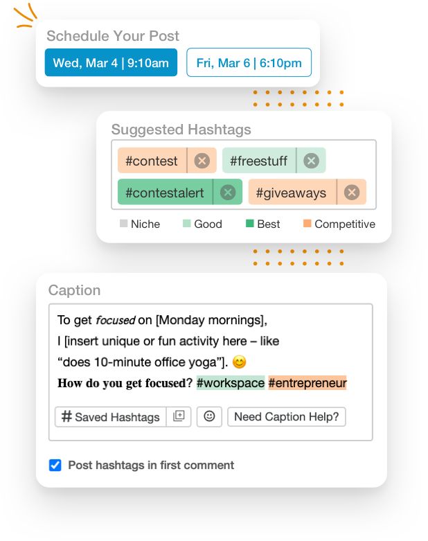 A view of the Tailwind Instagram dashboard, showing the post scheduling recommended times, suggested hashtags for your post, and your caption bar with the Post hashtags in first comment selected.