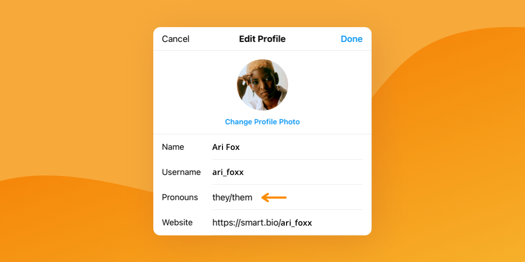 Editing your Pronouns on Instagram profile over an orange background