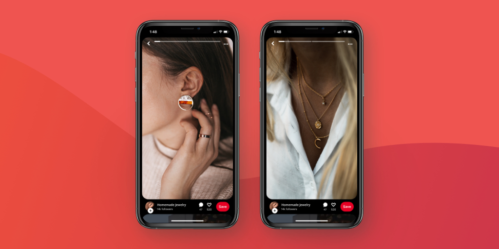 An image of a jewelry Idea Pin on Pinterest from Homemade Jewelry. It is on two iphones over a dark red background.