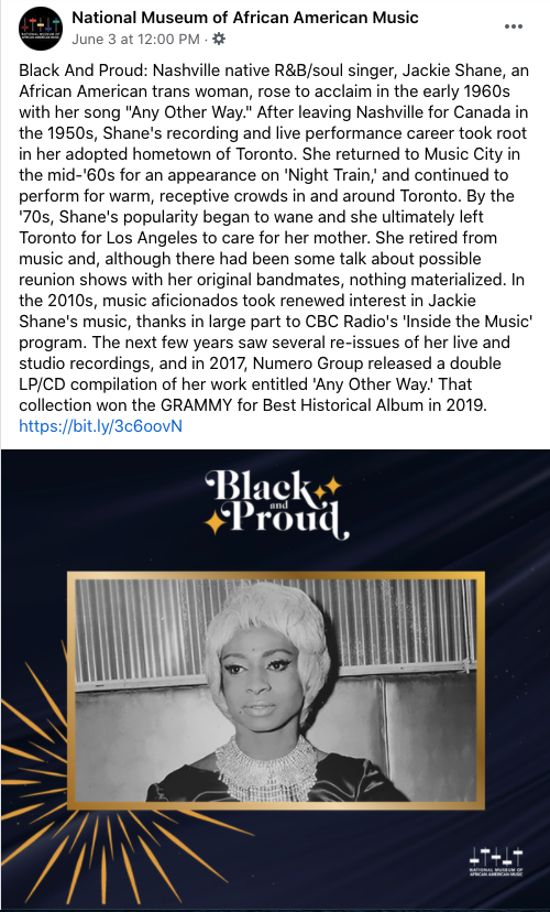 A post from the National Museum of African American Music about the history and accomplishments of Jackie Shane