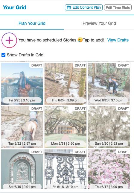 A view of nine Instagram post drafts in Tailwinds Instagram Scheduling 9-Grid Preview Visual Planner, with draft in the top right corner and the posting days and times at the bottom of each image.