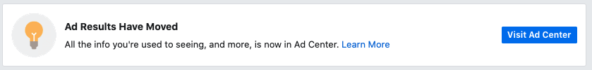 A popup from Facebook that says Ad Results Have Moved. 