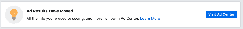 A popup from Facebook that says Ad Results Have Moved.