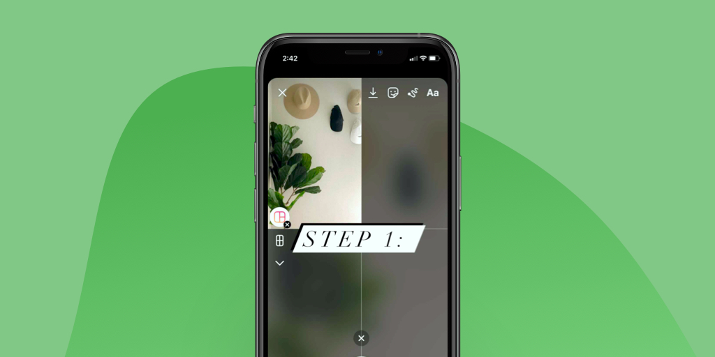 Adding multiple photos to instagram story on iphone over green background.