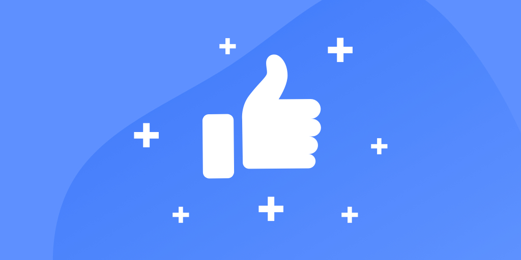 An icon of a Facebook Like (thumbs up) surrounded by plus signs on a blue background