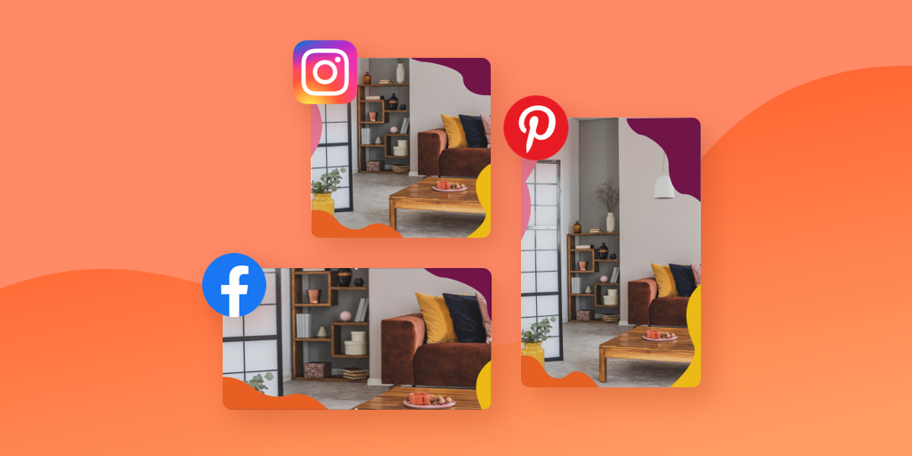 The same image of a couch and bookshelf styled for Instagram, Pinterest, and Facebook