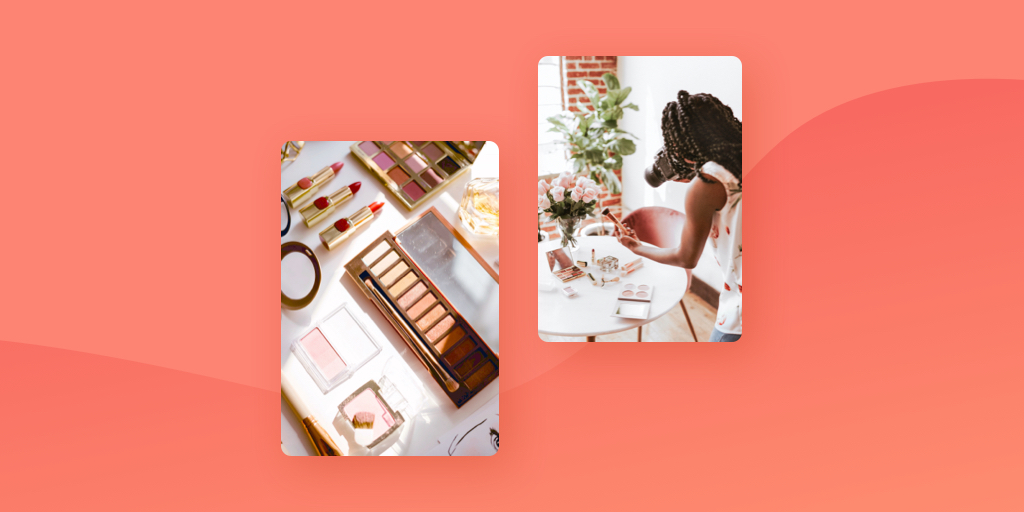 An image of a photographer creating product photography flatlays of makeup on an orange background.