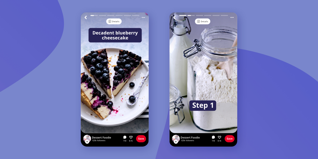 A Pinterest Story Pin of a blueberry cheesecake on a purple background.