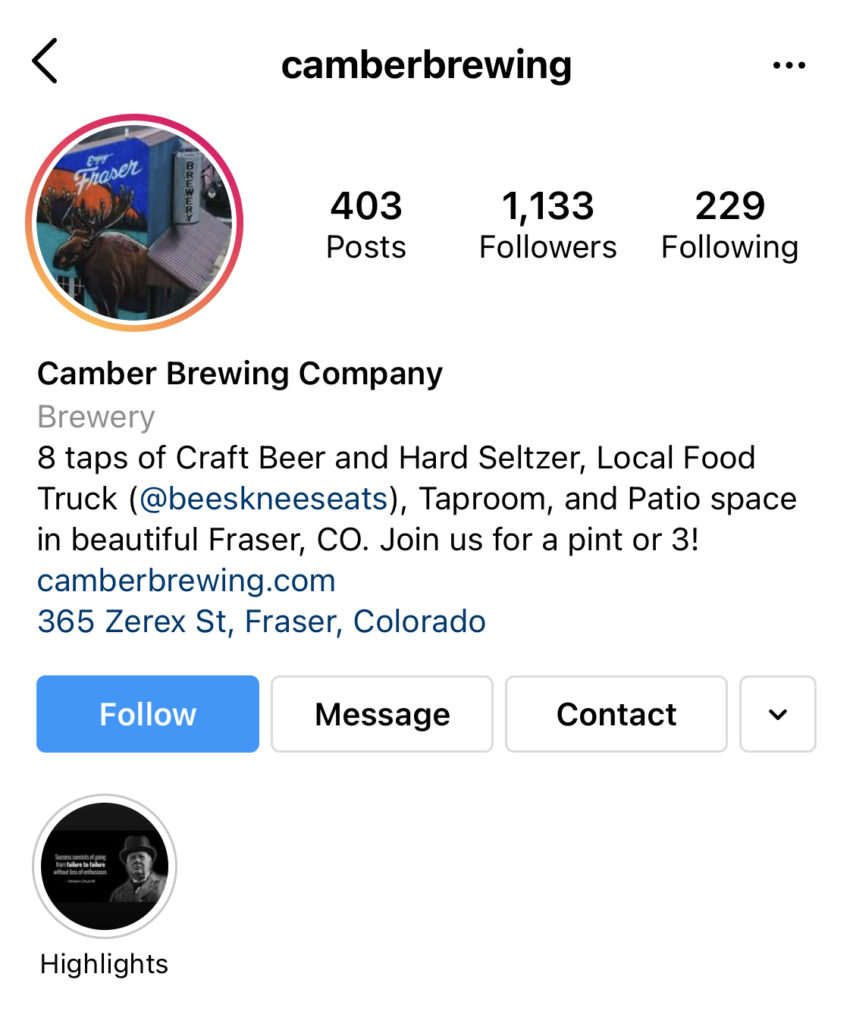 Camber Brewing Instagram profile