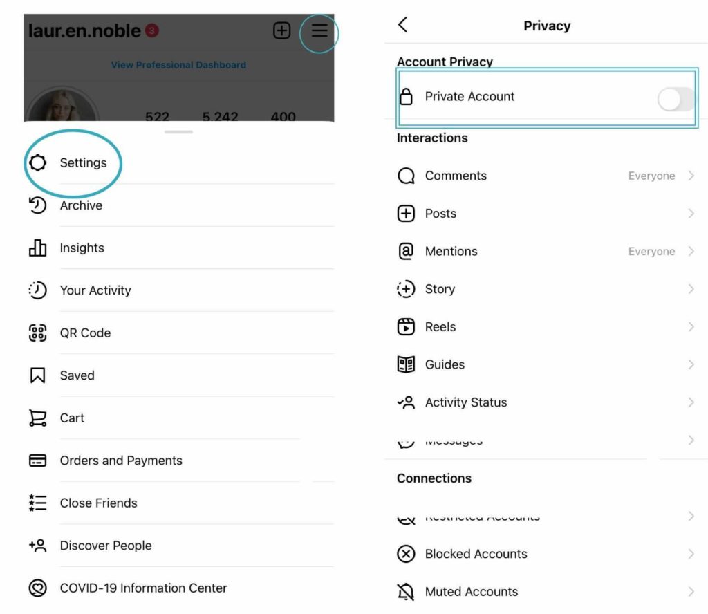 Instagram Privacy Questions Answered Blog Post Image showing how to set account to private