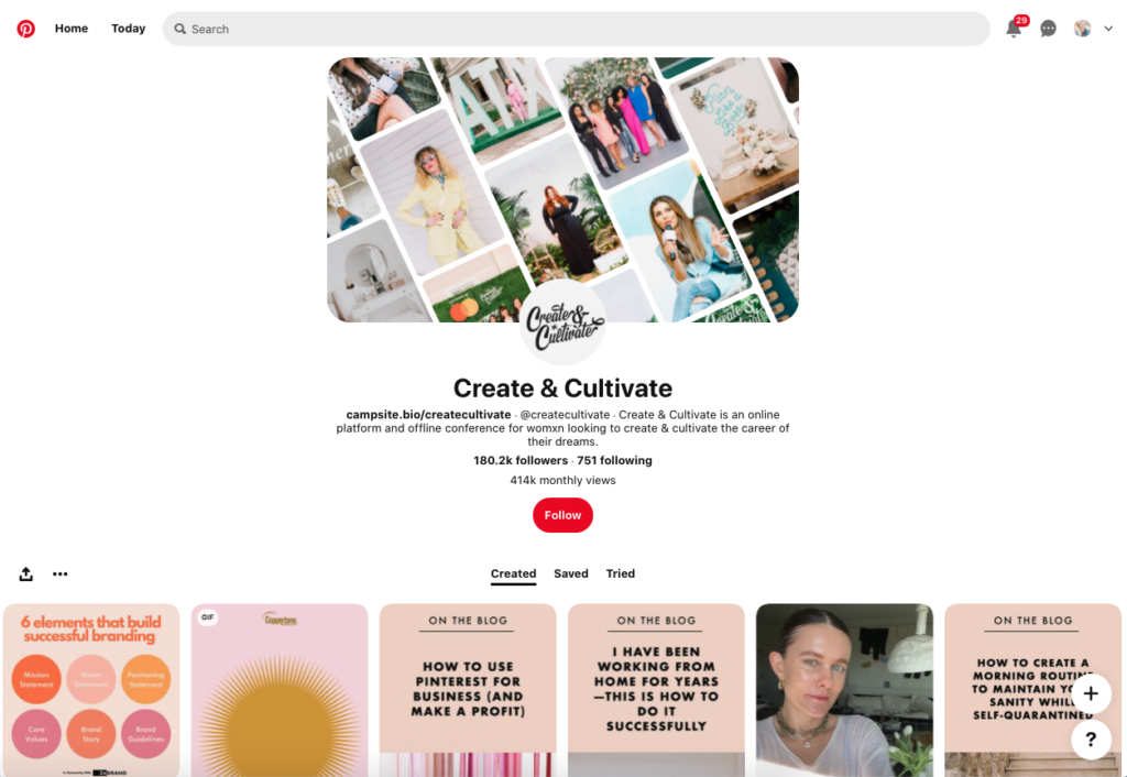 A screenshot of Create & Cultivate's Pinterest profile