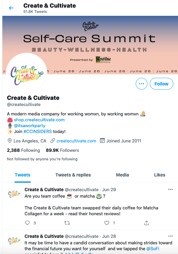 A screenshot of Create & Cultivate's Twitter profile