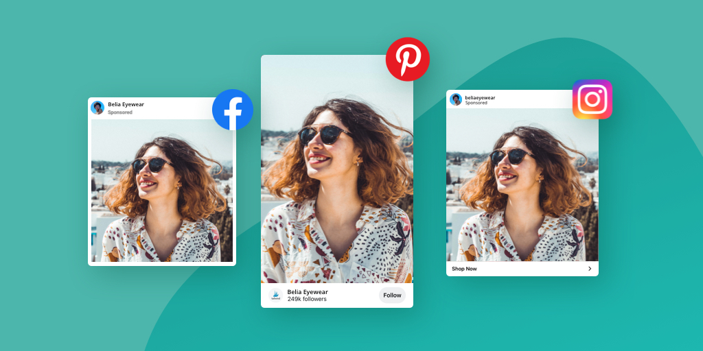 The same image of a woman in sunglasses smiling in the sun on a rooftop in a Facebook post, Pinterest post and Instagram post