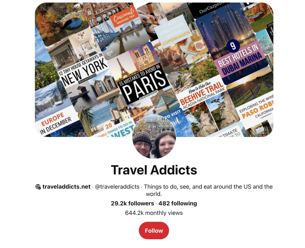 Travel Addicts Pinterest account screenshot