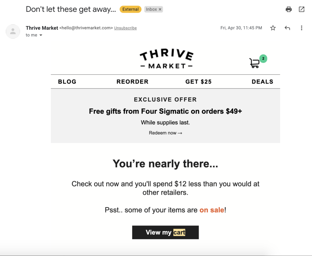 abandoned cart email from Thrive Market