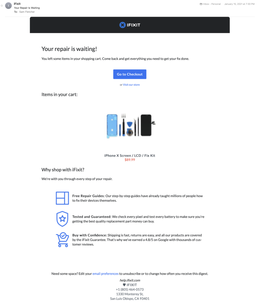 Clever Abandoned Cart Emails to Win Back Customers Screen Shot 2021 09 28 at 12.35.13 PM