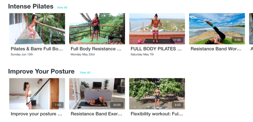 Thumbnails of Pilates and workout courses offered by Jess Guevara (jgpilates.com)