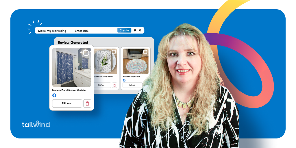 Headshot of Jolene from Home Stitchery Decor with screenshots of her products from her website showing made for you marketing on a blue background with the Tailwind logo.