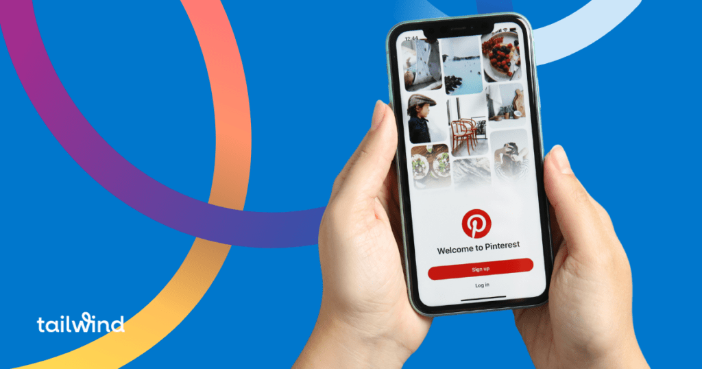 Smartphone screen showing pinterest homescreen on a blue background with the Tailwind logo in white font.