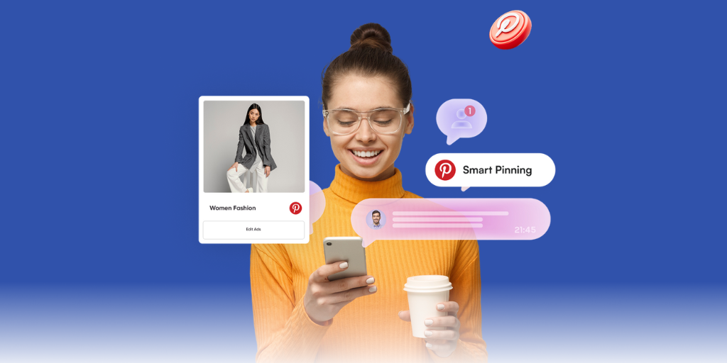 A smiling woman in a yellow sweater holds a smartphone and coffee. Floating icons show fashion content and messages, set against a blue background.