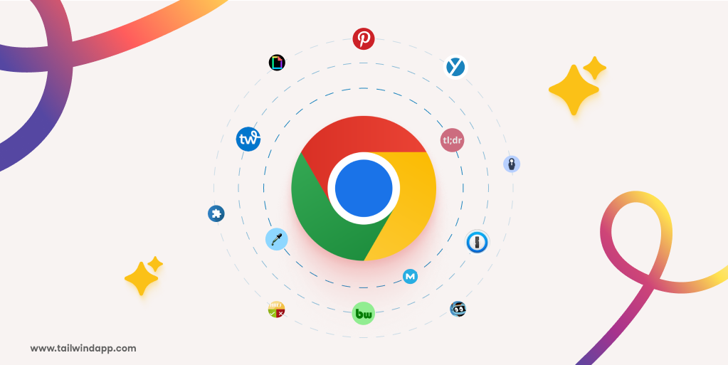 Chrome logo with many smaller logos orbiting around it on a pale pink background and the url www.tailwindapp.com