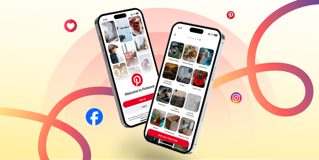 Two smartphones display Pinterest interfaces against a dynamic background with Facebook and Instagram logos, suggesting connectivity. Tone: modern, engaging.