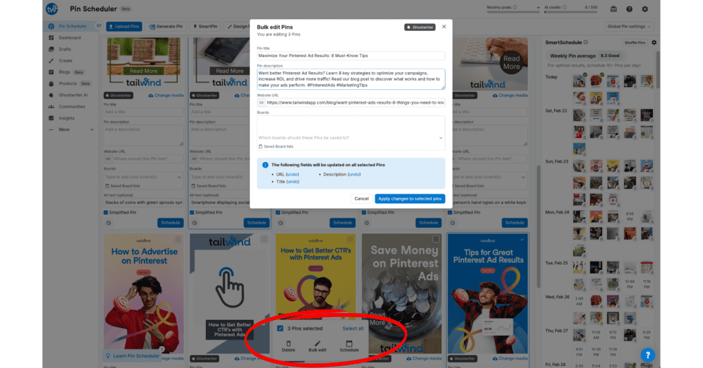 Screenshot of Tailwind's Pin Scheduler page showing three Pins selected in a red circle with a popup Bulk edit Pins window where the user can edit the Pin title, description, url and boards. The boards field is blank. Buttons at the bottom are Cancel and Apply changes to selected pins.