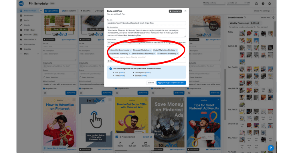 Screenshot of Tailwind's Pin Scheduler page showing three Pins selected with a popup Bulk edit Pins window where the user can edit the Pin title, description, url and boards. The boards field is filled with six board titles and circled in red.