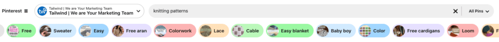 Pinterest search bar for 'knitting patterns' with colorful category tags below, including Free, Sweater, Easy, Lace, Cable, and more.