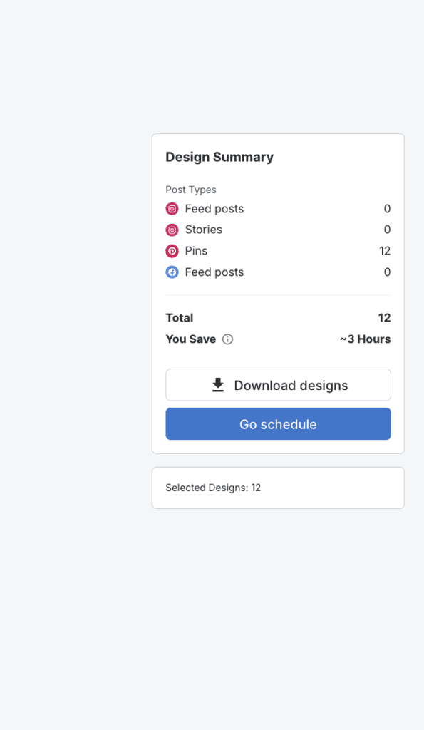 Design summary screen displaying post types with icons: zero Instagram feed posts and stories, twelve Pinterest Pins, and zero Facebook feed posts. Buttons for downloading designs and scheduling are below. Selected designs total twelve, with a time-saving estimate of three hours.