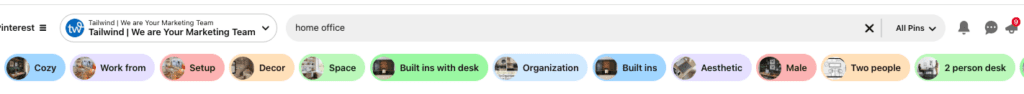 Pinterest search bar for 'home office' with colorful category tags below, including Cozy, Work from, Setup, Decor, and more.